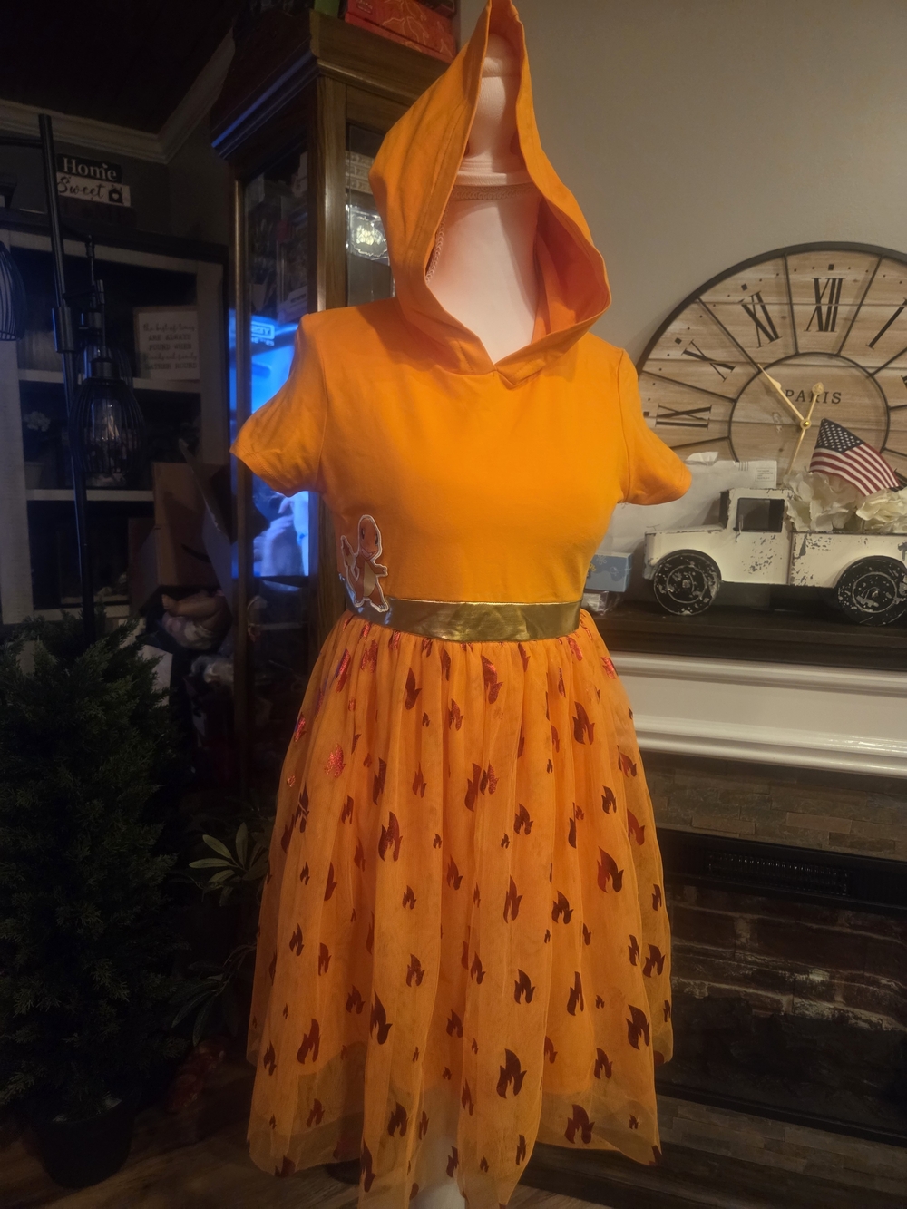 Pokemon Orange Hooded Tulle Party Dress with Gold Belt
